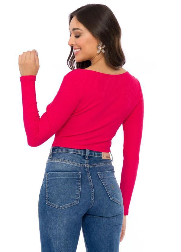 Doce Trama - Blusa de Manga Longa com Decote V Rosa 2