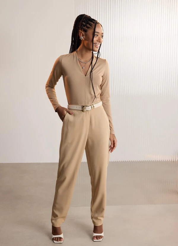 Lunender - Blusa de Mangas Longas com Decote em V Bege