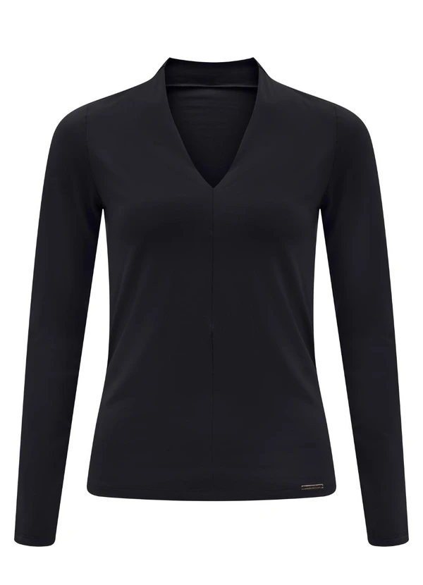 Lunender - Blusa de Mangas Longas com Decote em V Preto