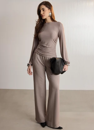 Lunender - Blusa de Mangas Longas com Franzidos Crepe Cinza - LUNENDER