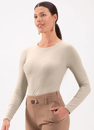 Lunender - Blusa de Mangas Longas com Gola Redonda Bege - LUNENDER