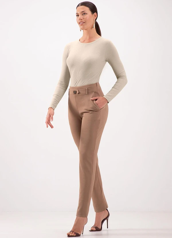 Lunender - Blusa de Mangas Longas com Gola Redonda Bege 3