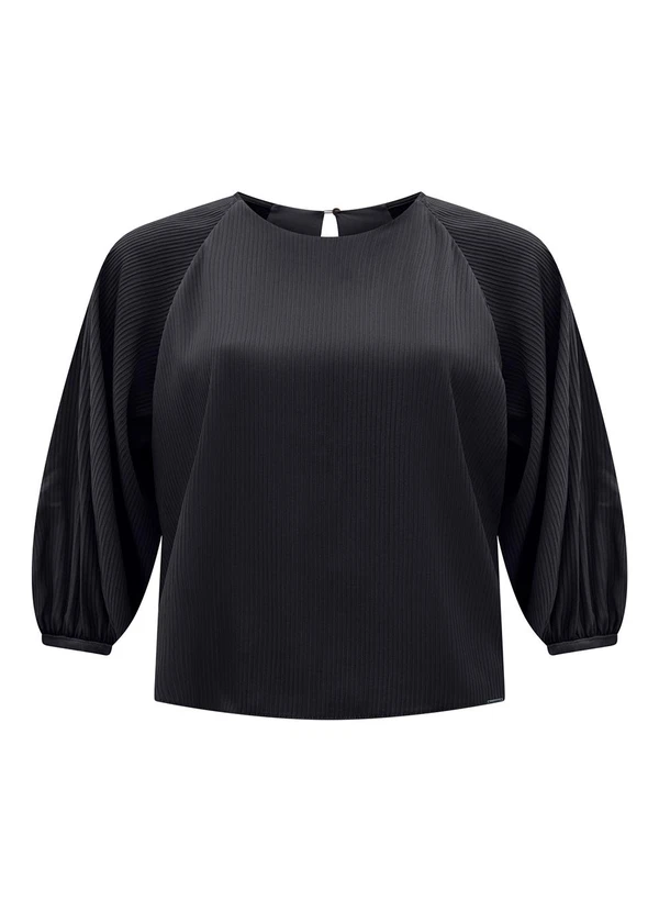 Lunender - Blusa de Mangas Longas em Tecido Plissado Preto