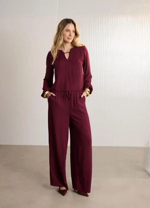 Lunender - Blusa de Mangas Longas em Viscose Bordo - LUNENDER