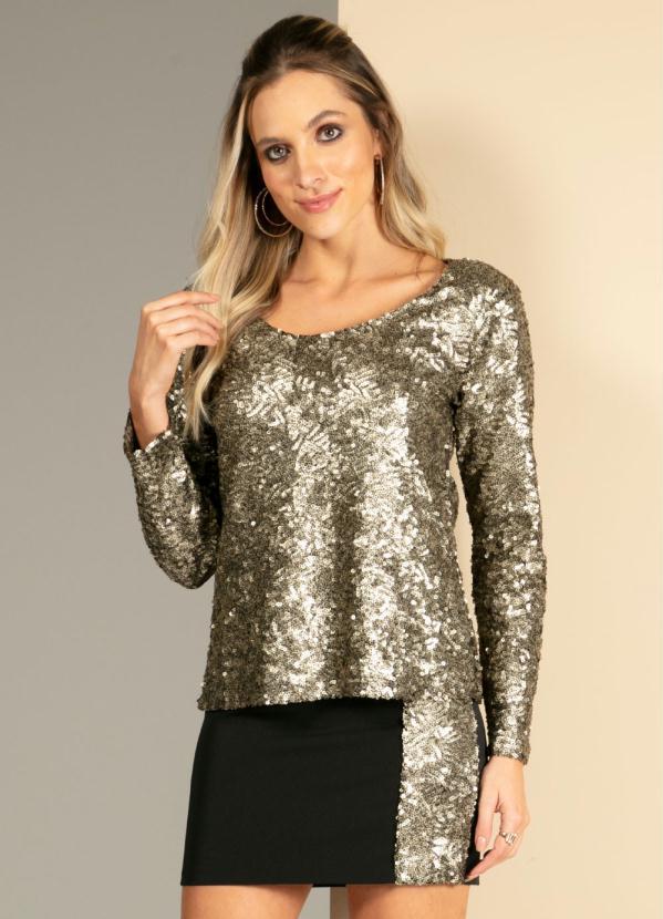 Quintess - Blusa de Paetês Dourada com Mangas Longas