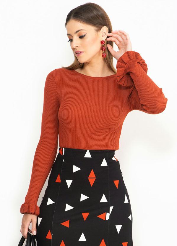 Maria Filó - Blusa de Tricot Manga com Babado Ferrugem