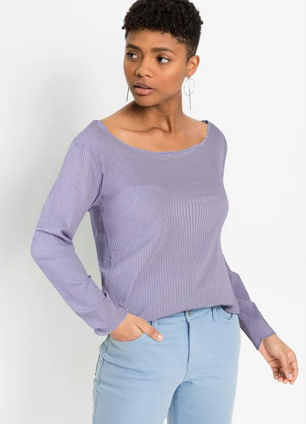 Queima Estoque - Blusa Decote Canoa Manga Longa Lilás