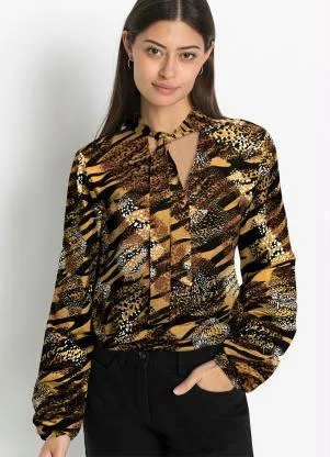 bonprix - Blusa Decote Gravata Animal Print Preto - BONPRIX
