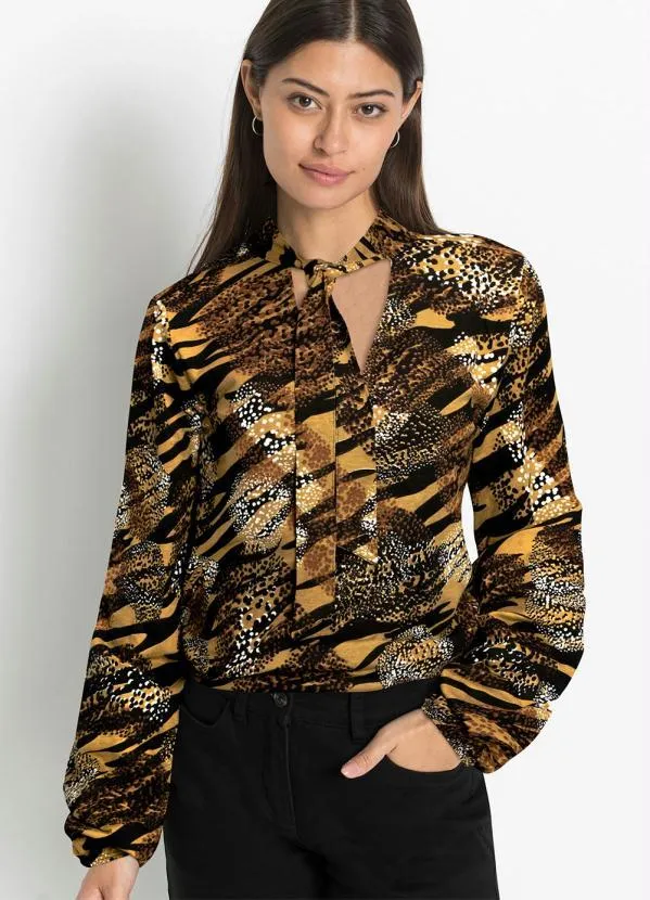 bonprix - Blusa Decote Gravata Animal Print Preto