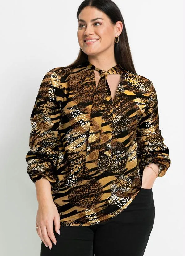 bonprix - Blusa Decote Gravata Animal Print Preto