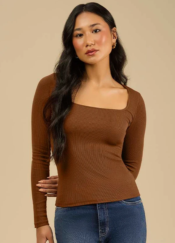 Angel - Blusa Decote Quadrado Manga Longa Marrom