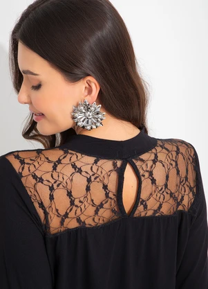 bonprix - Blusa Decote Redondo com Renda Preta - BONPRIX
