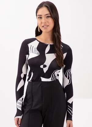 Lunender - Blusa Decote Redondo em Malha Estampada Preto - LUNENDER