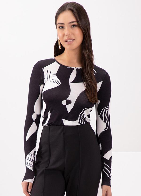 Lunender - Blusa Decote Redondo em Malha Estampada Preto