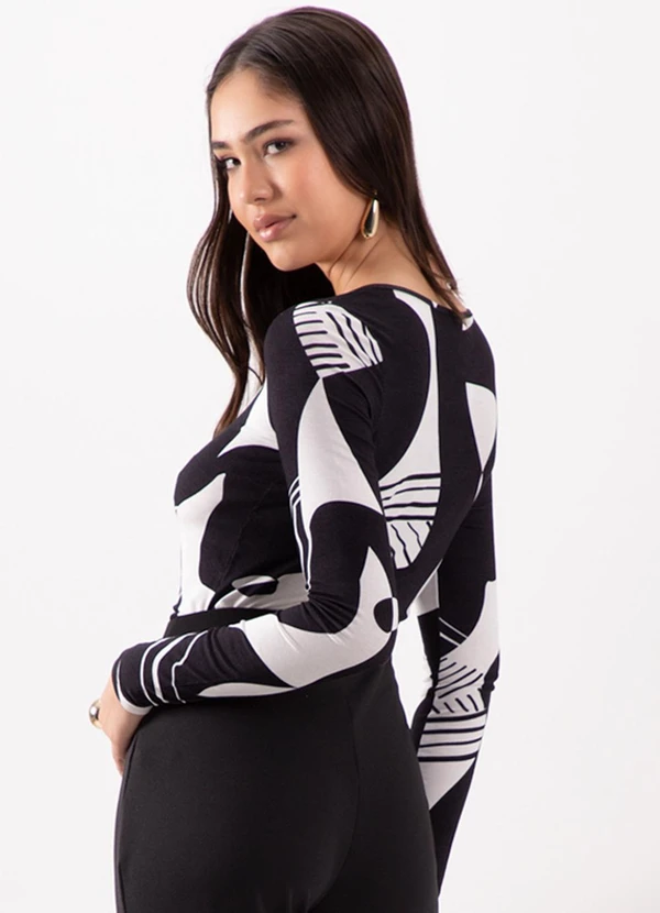 Lunender - Blusa Decote Redondo em Malha Estampada Preto 2
