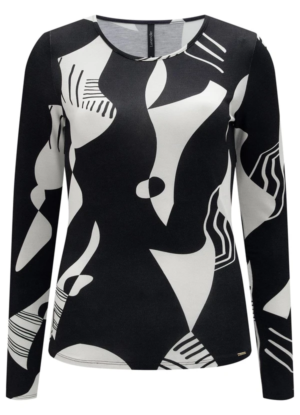 Lunender - Blusa Decote Redondo em Malha Estampada Preto 6