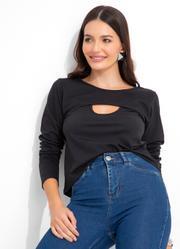 Blusa Decote Redondo Manga Longa Preta