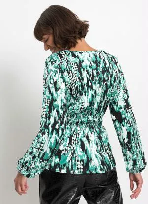 bonprix - Blusa Decote V Abstrato Verde - BONPRIX