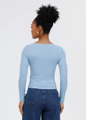 Habana - Blusa Decote V em Canelado Azul Claro - HABANA