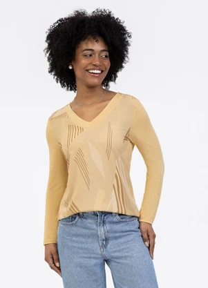 Habana - Blusa Decote V em Misturinha Amarelo Claro - HABANA