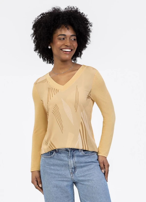 Habana - Blusa Decote V em Misturinha Amarelo Claro