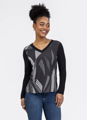 Habana - Blusa Decote V em Misturinha Preto - HABANA