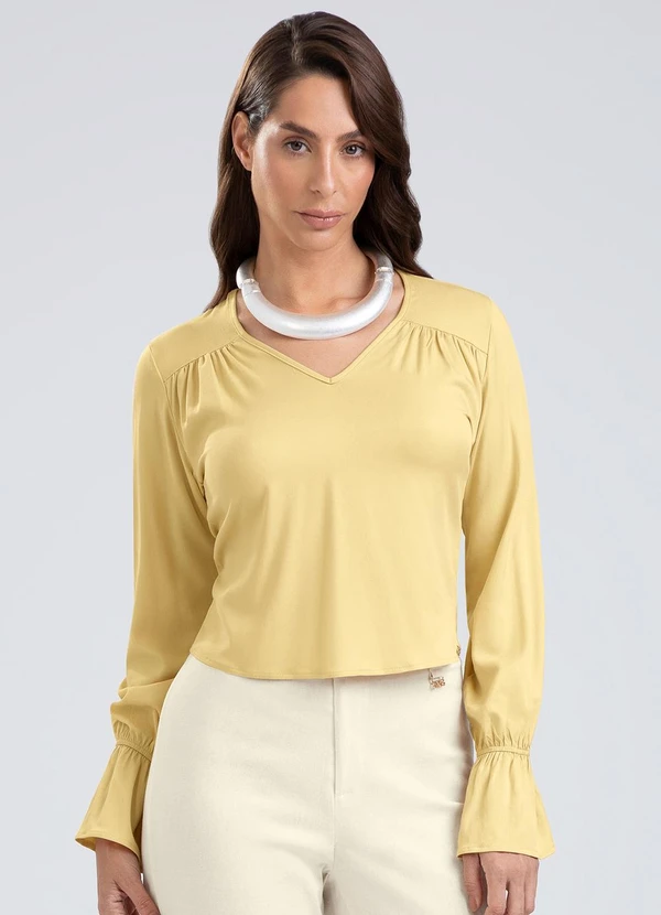 Gris - Blusa Decote V em Viscose Amarelo Claro