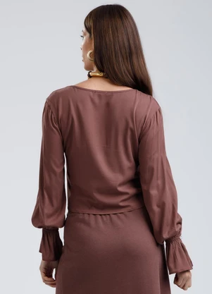 Gris - Blusa Decote V em Viscose Marrom Escuro - GRIS