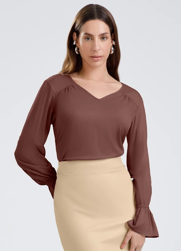 Gris - Blusa Decote V em Viscose Marrom Escuro