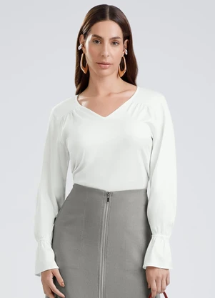 Gris - Blusa Decote V em Viscose Off White - GRIS