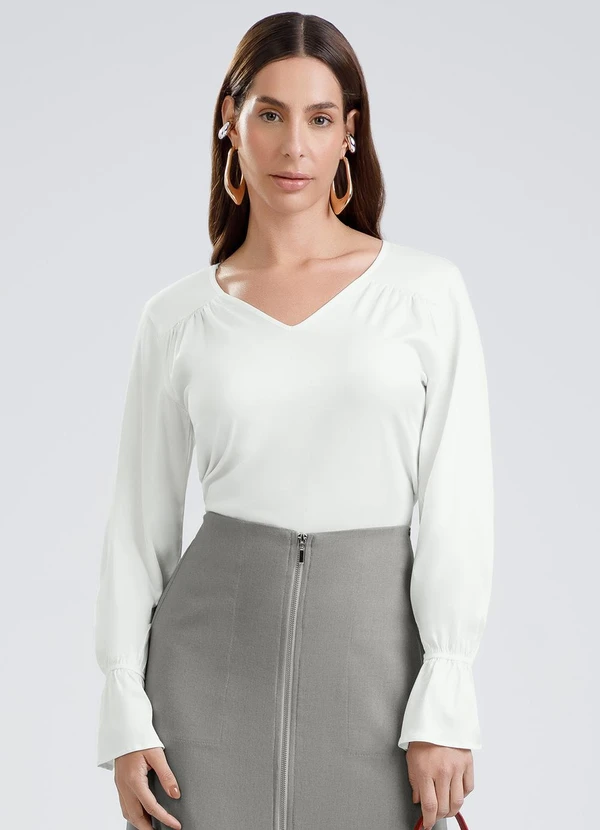 Gris - Blusa Decote V em Viscose Off White
