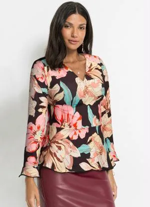 bonprix - Blusa Decote V Floral Dark - BONPRIX