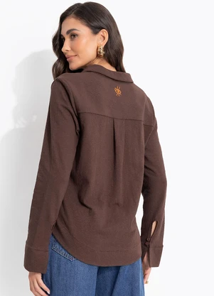 Cantão - Blusa Decote V Malha Crepe Flamê Marrom - CANTÃO