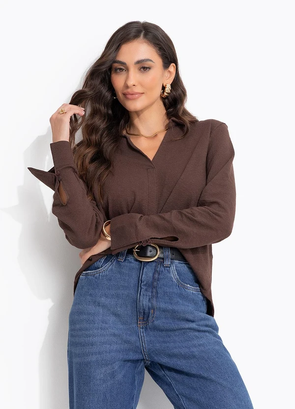 Cantão - Blusa Decote V Malha Crepe Flamê Marrom