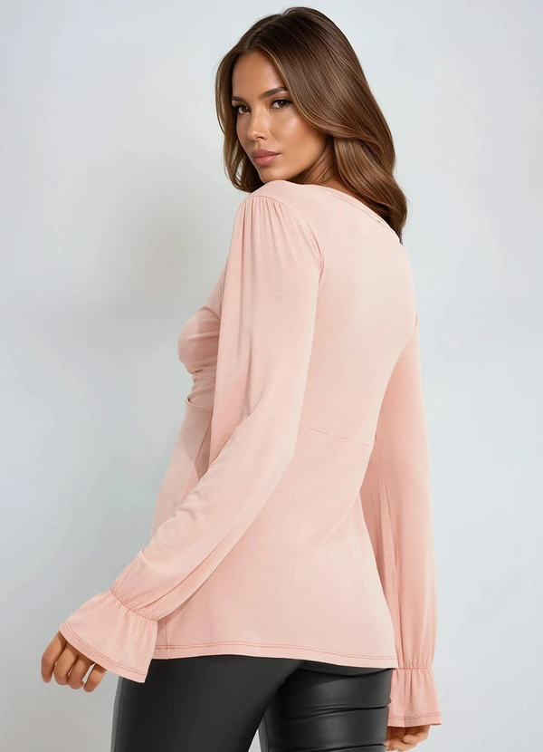 bonprix - Blusa Decote V Manga Longa Rosa