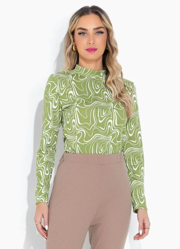 Moda Pop - Blusa Efeito Líquido Verde com Mangas Longas