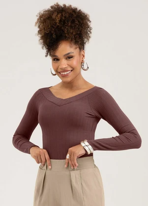 Cativa - Blusa em Canelado  Marrom Escuro - CATIVA