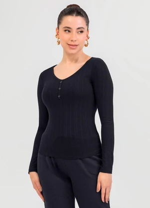 Cativa - Blusa em Canelado Preto - CATIVA