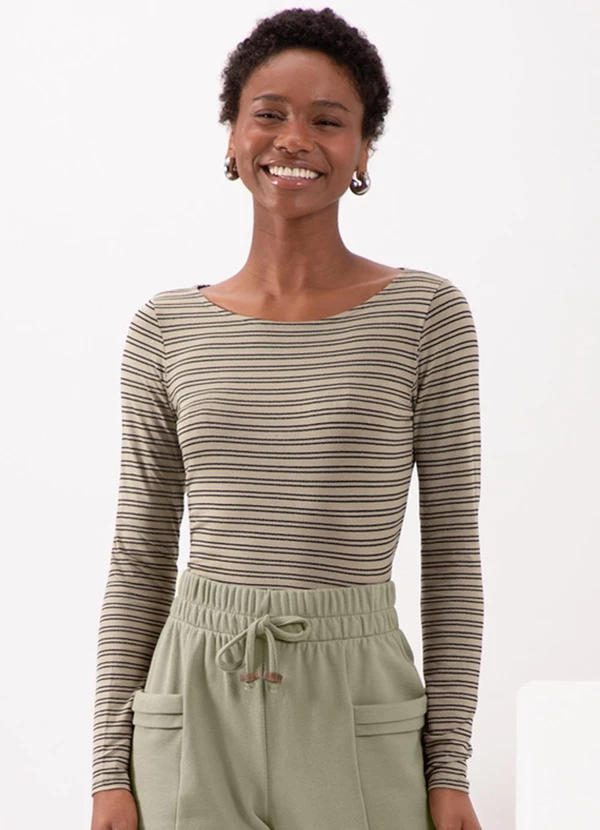 Lunender - Blusa em Malha Crepe Listrada Verde