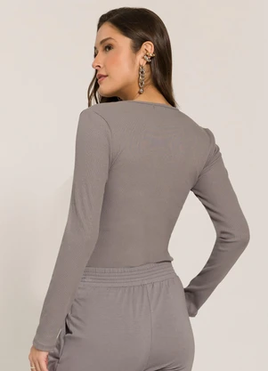 Sofie - Blusa em Ribana Decote V Cinza - SOFIE