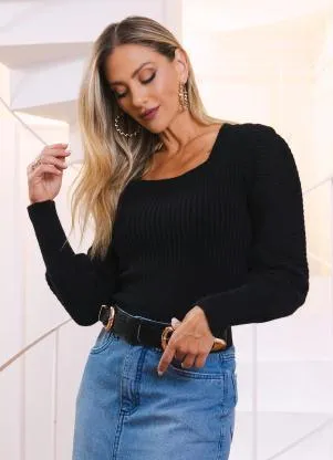 Quintess - Blusa em Tricô Preta com Punhos Largos - QUINTESS