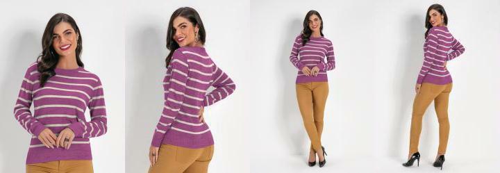 Blusa em Tric Rosa Listrada Janine