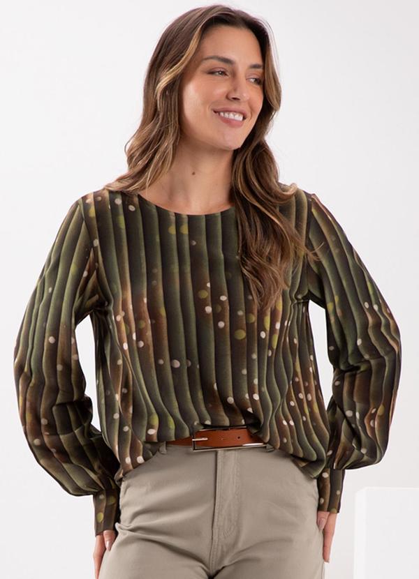 Lunender - Blusa Estampada com Decote Redondo Verde