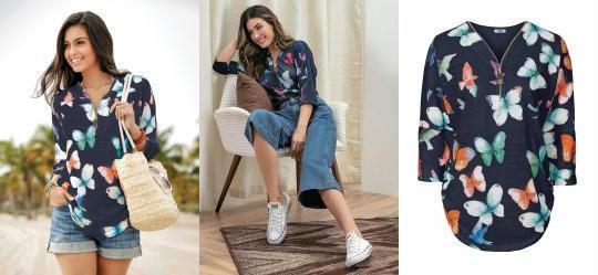 Blusa Estampada de Borboleta Azul Marinho