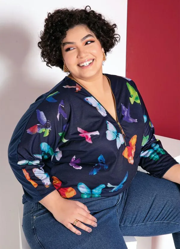 bonprix - Blusa Estampada de Borboleta  Azul Marinho