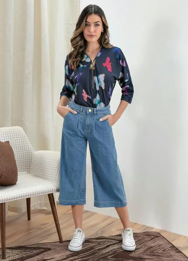 bonprix - Blusa Estampada de Borboleta  Azul Marinho 2