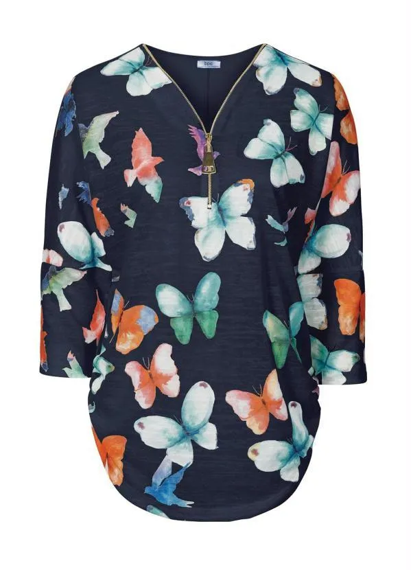 bonprix - Blusa Estampada de Borboleta  Azul Marinho 4