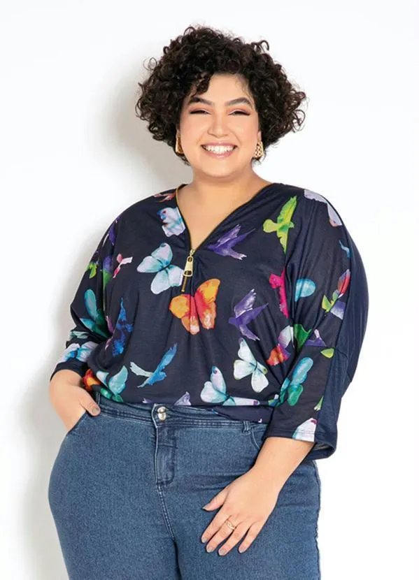 bonprix - Blusa Estampada de Borboleta  Azul Marinho 5