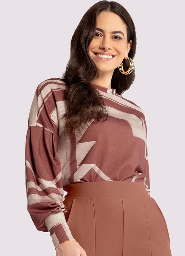 Lunender - Blusa Estampada em Moletom com Manga Bufante Bordo