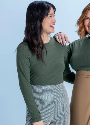 Marialícia - Blusa Feminina Básica Canelada Verde - MARIALÍCIA